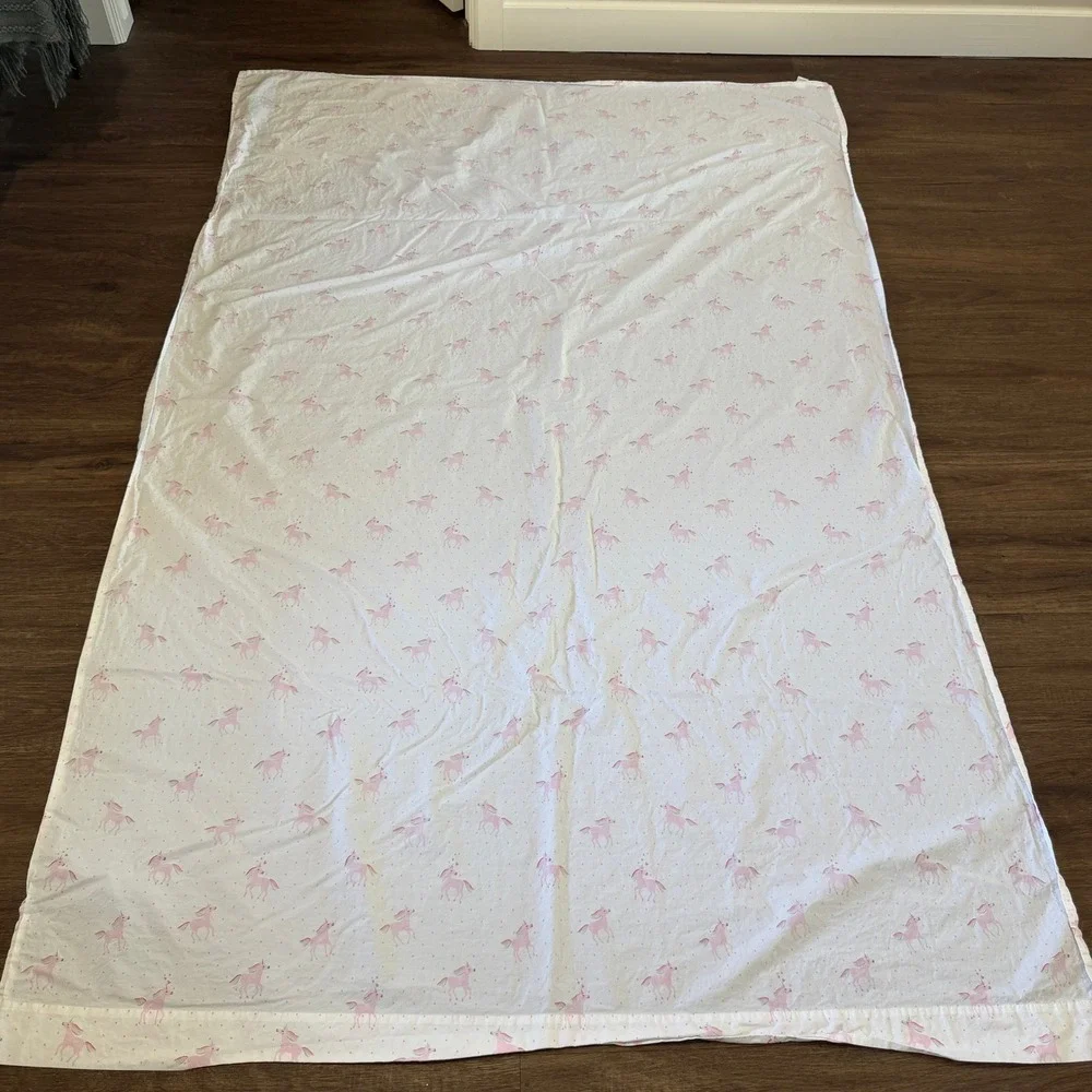 Pottery Barn Kids Twin Flat Sheet Organic Rainbow Unicorn Polka Dot White Pink‎